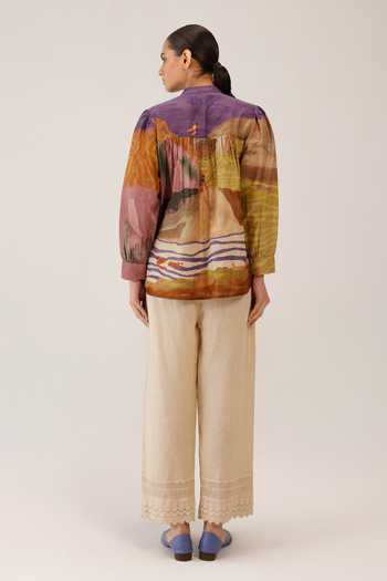 Buy_Cord_Multi Color Silk, Cotton Beads, Smocking Mandarin Collar Leni Top _Online_at_Aza_Fashions