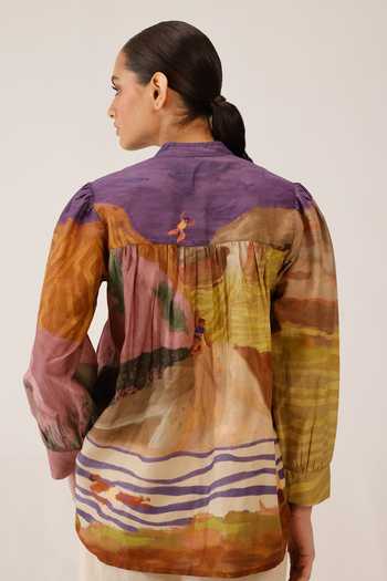 Shop_Cord_Multi Color Silk, Cotton Beads, Smocking Mandarin Collar Leni Top _at_Aza_Fashions