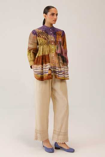 Shop_Cord_Multi Color Silk, Cotton Beads, Smocking Mandarin Collar Leni Top _Online_at_Aza_Fashions