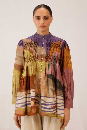 Cord_Multi Color Silk, Cotton Beads, Smocking Mandarin Collar Leni Top _at_Aza_Fashions