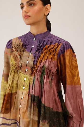 Buy_Cord_Multi Color Silk, Cotton Beads, Smocking Mandarin Collar Leni Top 