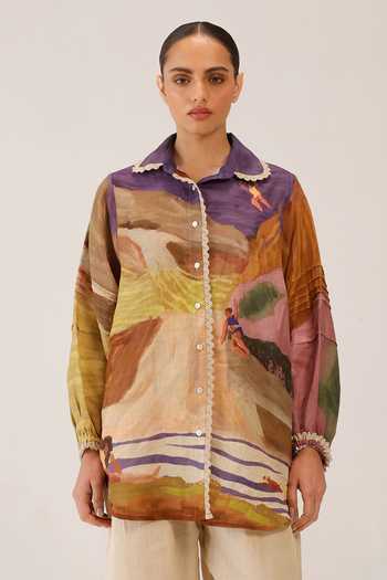 Buy_Cord_Multi Color Linen Lace Collared Moira Shirt _at_Aza_Fashions