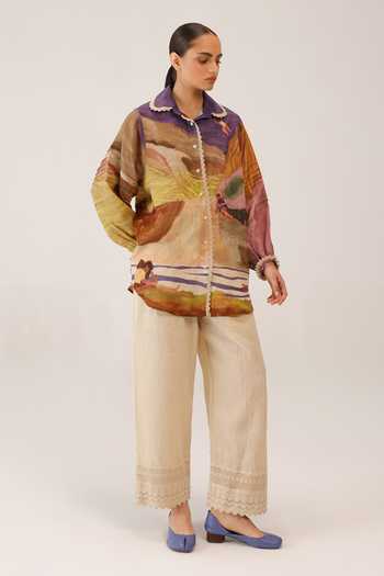 Cord_Multi Color Linen Lace Collared Moira Shirt _at_Aza_Fashions