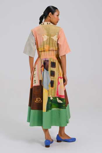 Shop_Cord_Multi Color Cotton Satin V-neck Block Print Dress _at_Aza_Fashions