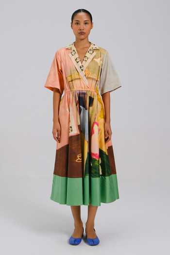 Cord_Multi Color Cotton Satin V-neck Block Print Dress _Online_at_Aza_Fashions