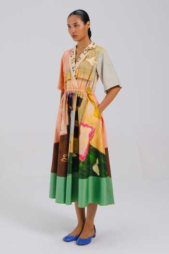 Buy_Cord_Multi Color Cotton Satin V-neck Block Print Dress _Online_at_Aza_Fashions