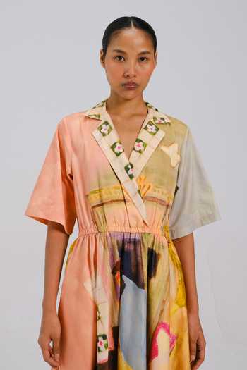 Shop_Cord_Multi Color Cotton Satin V-neck Block Print Dress _Online_at_Aza_Fashions
