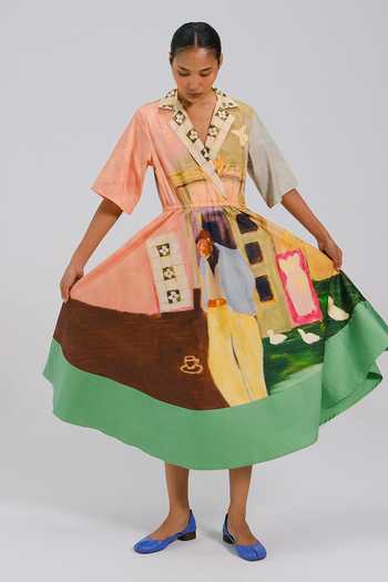Buy_Cord_Multi Color Cotton Satin V-neck Block Print Dress _at_Aza_Fashions