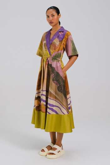 Cord_Multi Color Cotton Satin V-neck, Collared Block Print Dress _Online_at_Aza_Fashions