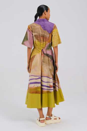 Shop_Cord_Multi Color Cotton Satin V-neck, Collared Block Print Dress _at_Aza_Fashions