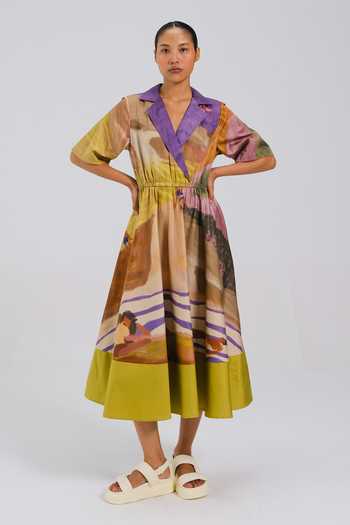 Buy_Cord_Multi Color Cotton Satin V-neck, Collared Block Print Dress _at_Aza_Fashions