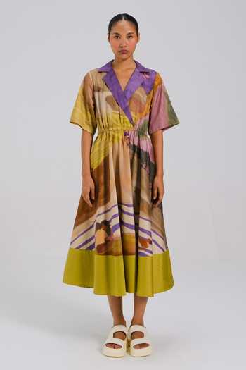 Buy_Cord_Multi Color Cotton Satin V-neck, Collared Block Print Dress _Online_at_Aza_Fashions