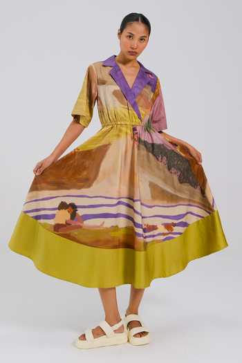 Shop_Cord_Multi Color Cotton Satin V-neck, Collared Block Print Dress _Online_at_Aza_Fashions