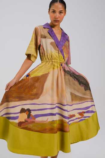Cord_Multi Color Cotton Satin V-neck, Collared Block Print Dress _at_Aza_Fashions