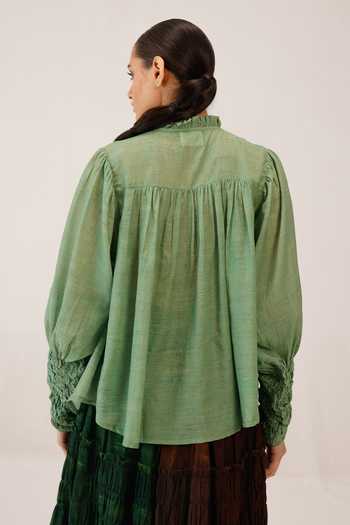 Shop_Cord_Green Cotton Smocking High Neck Hand-smocked Shirt _at_Aza_Fashions