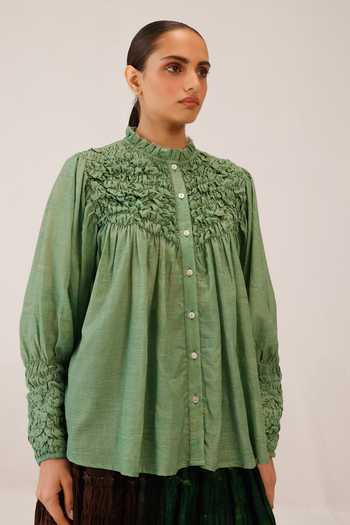 Cord_Green Cotton Smocking High Neck Hand-smocked Shirt _Online_at_Aza_Fashions
