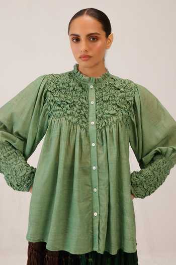 Buy_Cord_Green Cotton Smocking High Neck Hand-smocked Shirt _Online_at_Aza_Fashions