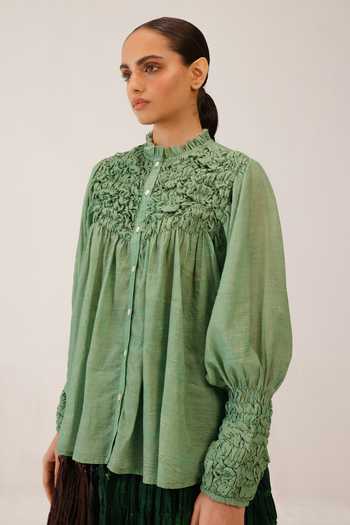 Shop_Cord_Green Cotton Smocking High Neck Hand-smocked Shirt _Online_at_Aza_Fashions