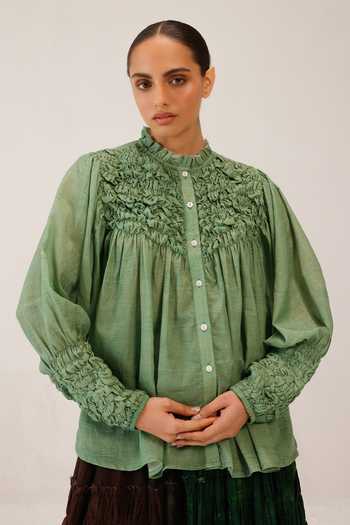 Buy_Cord_Green Cotton Smocking High Neck Hand-smocked Shirt _at_Aza_Fashions