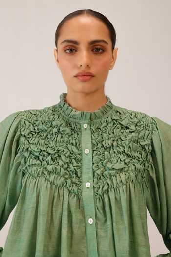 Cord_Green Cotton Smocking High Neck Hand-smocked Shirt _at_Aza_Fashions