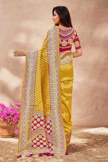 Shop_Khwaab By Sanjana Lakhani_Yellow Georgette, Silk Embroidery Round Neck Floral Butti Woven Saree And Blouse _at_Aza_Fashions