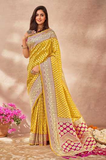 Khwaab By Sanjana Lakhani_Yellow Georgette, Silk Embroidery Round Neck Floral Butti Woven Saree And Blouse _Online_at_Aza_Fashions