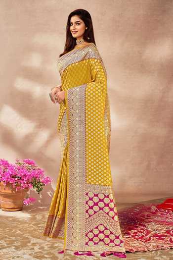Buy_Khwaab By Sanjana Lakhani_Yellow Georgette, Silk Embroidery Round Neck Floral Butti Woven Saree And Blouse _Online_at_Aza_Fashions
