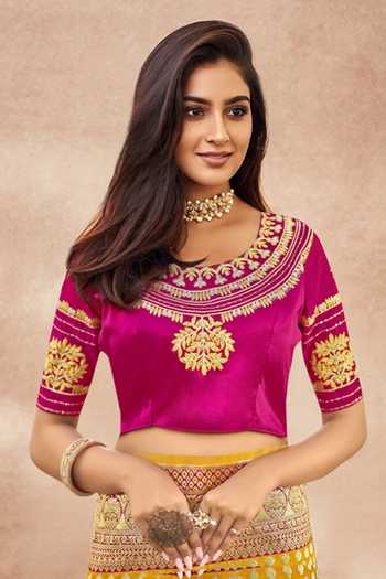 Khwaab By Sanjana Lakhani_Yellow Georgette, Silk Embroidery Round Neck Floral Butti Woven Saree And Blouse _at_Aza_Fashions