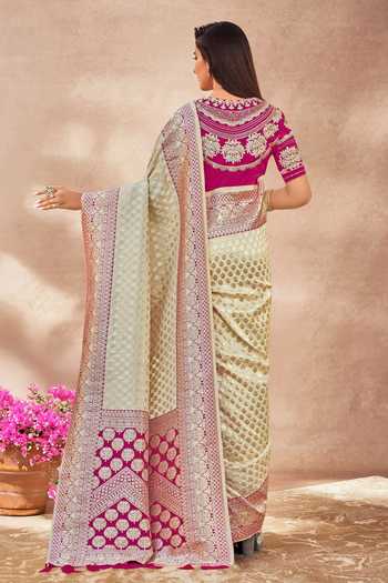 Shop_Khwaab By Sanjana Lakhani_Cream Georgette, Silk Embroidery, Sequins Round Floral Woven Saree With Blouse _at_Aza_Fashions