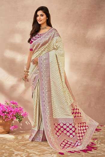 Khwaab By Sanjana Lakhani_Cream Georgette, Silk Embroidery, Sequins Round Floral Woven Saree With Blouse _Online_at_Aza_Fashions