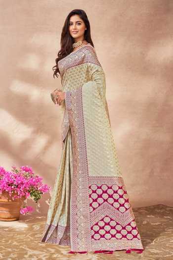 Buy_Khwaab By Sanjana Lakhani_Cream Georgette, Silk Embroidery, Sequins Round Floral Woven Saree With Blouse _Online_at_Aza_Fashions