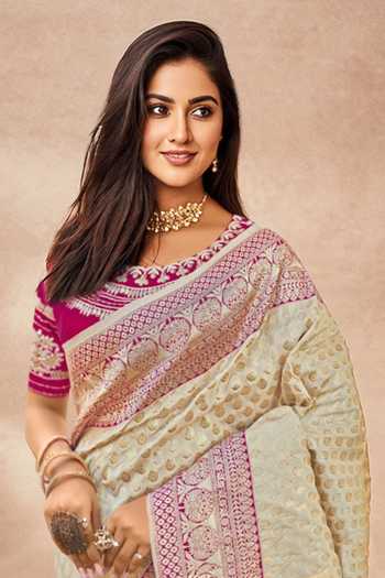 Shop_Khwaab By Sanjana Lakhani_Cream Georgette, Silk Embroidery, Sequins Round Floral Woven Saree With Blouse _Online_at_Aza_Fashions