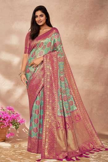 Buy_Khwaab By Sanjana Lakhani_Pink Brocade, Silk Embroidery V-neck Mughal Woven Saree And Blouse Set _at_Aza_Fashions