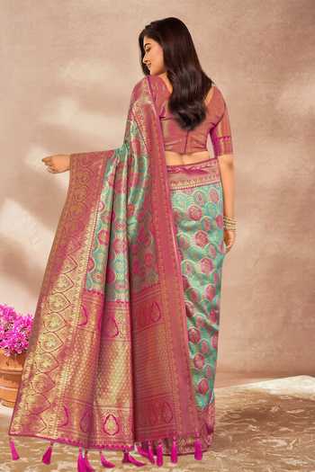 Shop_Khwaab By Sanjana Lakhani_Pink Brocade, Silk Embroidery V-neck Mughal Woven Saree And Blouse Set _at_Aza_Fashions