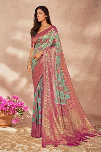 Khwaab By Sanjana Lakhani_Pink Brocade, Silk Embroidery V-neck Mughal Woven Saree And Blouse Set _Online_at_Aza_Fashions