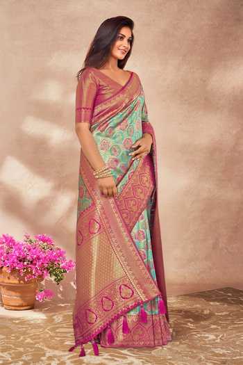 Buy_Khwaab By Sanjana Lakhani_Pink Brocade, Silk Embroidery V-neck Mughal Woven Saree And Blouse Set _Online_at_Aza_Fashions