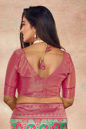 Khwaab By Sanjana Lakhani_Pink Brocade, Silk Embroidery V-neck Mughal Woven Saree And Blouse Set _at_Aza_Fashions
