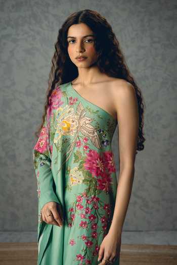 Paulmi And Harsh_Sky Blue Silk, Modal One Shoulder Natsu Top And Skirt Set _Online_at_Aza_Fashions
