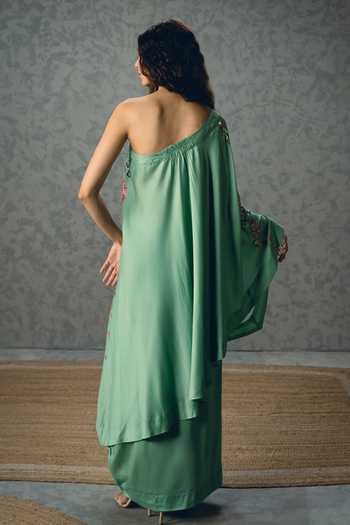 Shop_Paulmi And Harsh_Sky Blue Silk, Modal One Shoulder Natsu Top And Skirt Set _at_Aza_Fashions