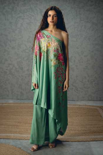 Buy_Paulmi And Harsh_Sky Blue Silk, Modal One Shoulder Natsu Top And Skirt Set _Online_at_Aza_Fashions