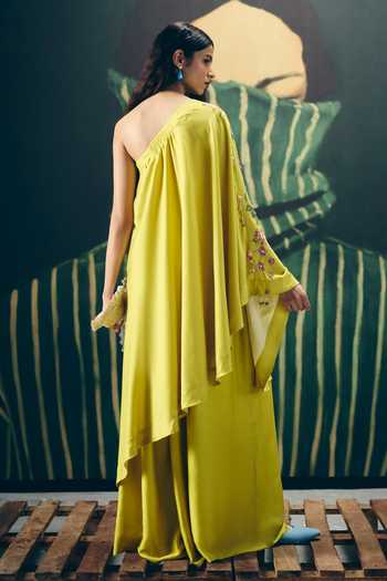 Shop_Paulmi And Harsh_Yellow Modal, Silk Embroidery One Shoulder Natsu Kurta And Palazzo Set _at_Aza_Fashions