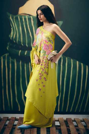 Paulmi And Harsh_Yellow Modal, Silk Embroidery One Shoulder Natsu Kurta And Palazzo Set _Online_at_Aza_Fashions