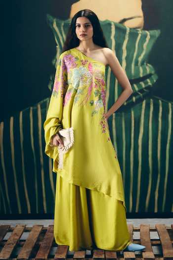 Buy_Paulmi And Harsh_Yellow Modal, Silk Embroidery One Shoulder Natsu Kurta And Palazzo Set _at_Aza_Fashions