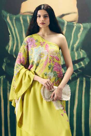 Buy_Paulmi And Harsh_Yellow Modal, Silk Embroidery One Shoulder Natsu Kurta And Palazzo Set _Online_at_Aza_Fashions