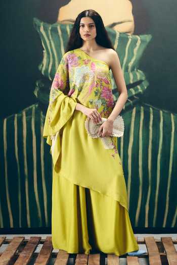 Shop_Paulmi And Harsh_Yellow Modal, Silk Embroidery One Shoulder Natsu Kurta And Palazzo Set _Online_at_Aza_Fashions