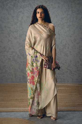 Shop_Paulmi And Harsh_Ivory Satin One Shoulder Natsu Kurta And Palazzo Set _Online_at_Aza_Fashions