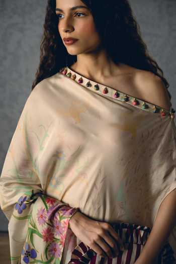 Buy_Paulmi And Harsh_Ivory Satin One Shoulder Natsu Kurta And Palazzo Set 