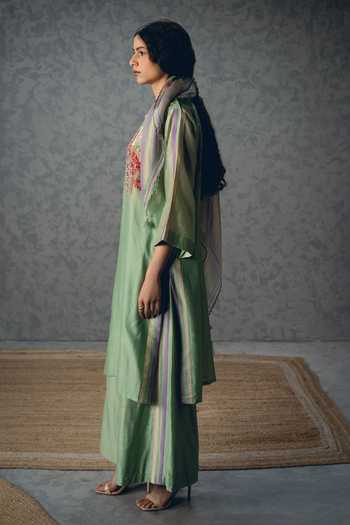 Paulmi And Harsh_Green Silk, Organza Embroidery, Beads, Shiro Floral Pattern Kurta Palazzo Set _Online_at_Aza_Fashions
