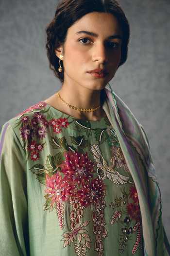 Buy_Paulmi And Harsh_Green Silk, Organza Embroidery, Beads, Shiro Floral Pattern Kurta Palazzo Set _Online_at_Aza_Fashions