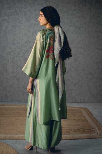Shop_Paulmi And Harsh_Green Silk, Organza Embroidery, Beads, Shiro Floral Pattern Kurta Palazzo Set _at_Aza_Fashions